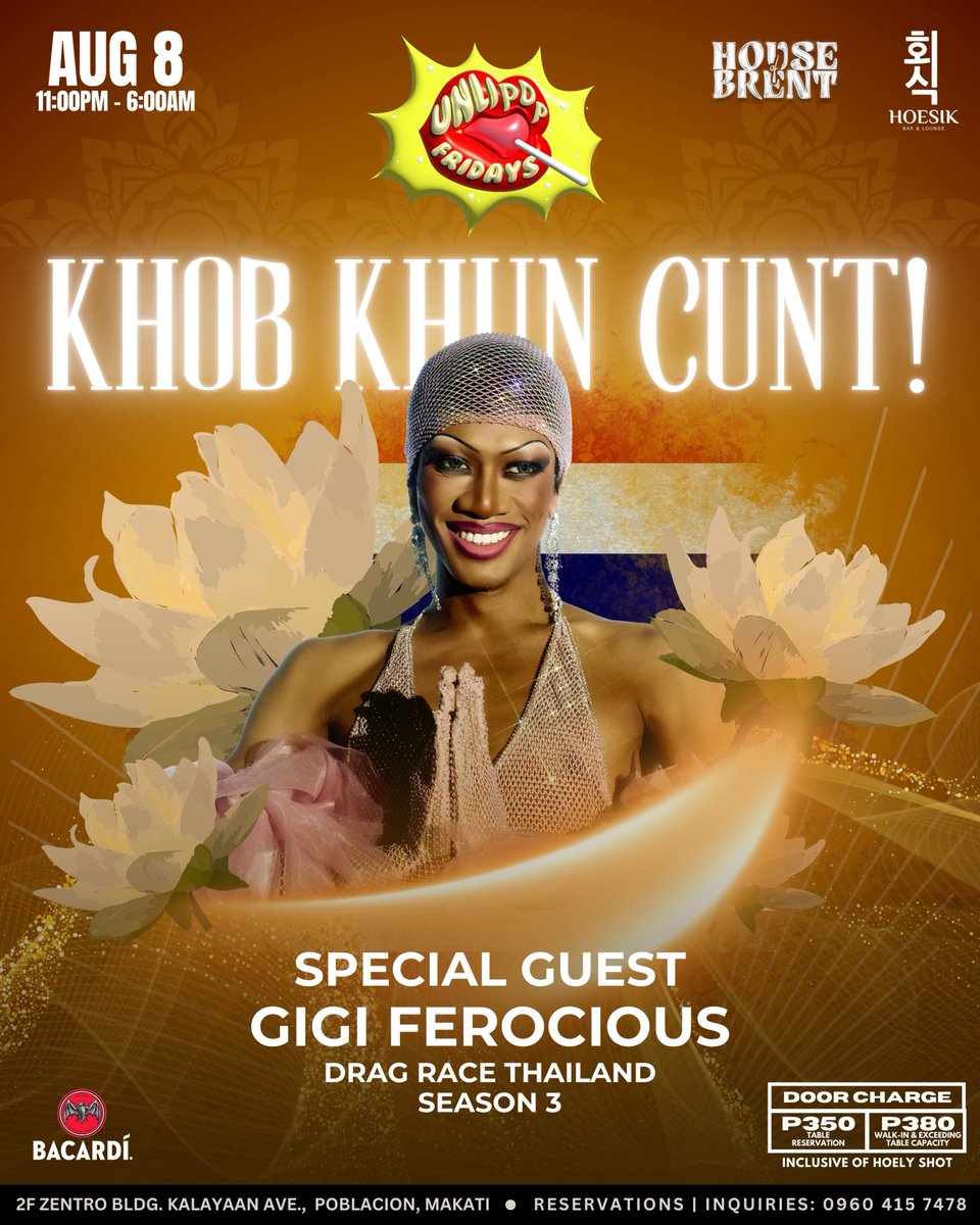 KHOB KHUN CUNT! 💥
Two international queens. One unholy night.

🔥 Versex <a href="/vversexx/">HE/HIM</a> (Drag Race PH S3)
🔥 Gigi Ferocious <a href="/gigifercious/">Gigiferocious</a> (Drag Race Thailand S3)
— flying in to f*ck it up on the Unlipop stage.

with the Queens of the House of Brent — Kerrie Duhh, Bella Fox,
