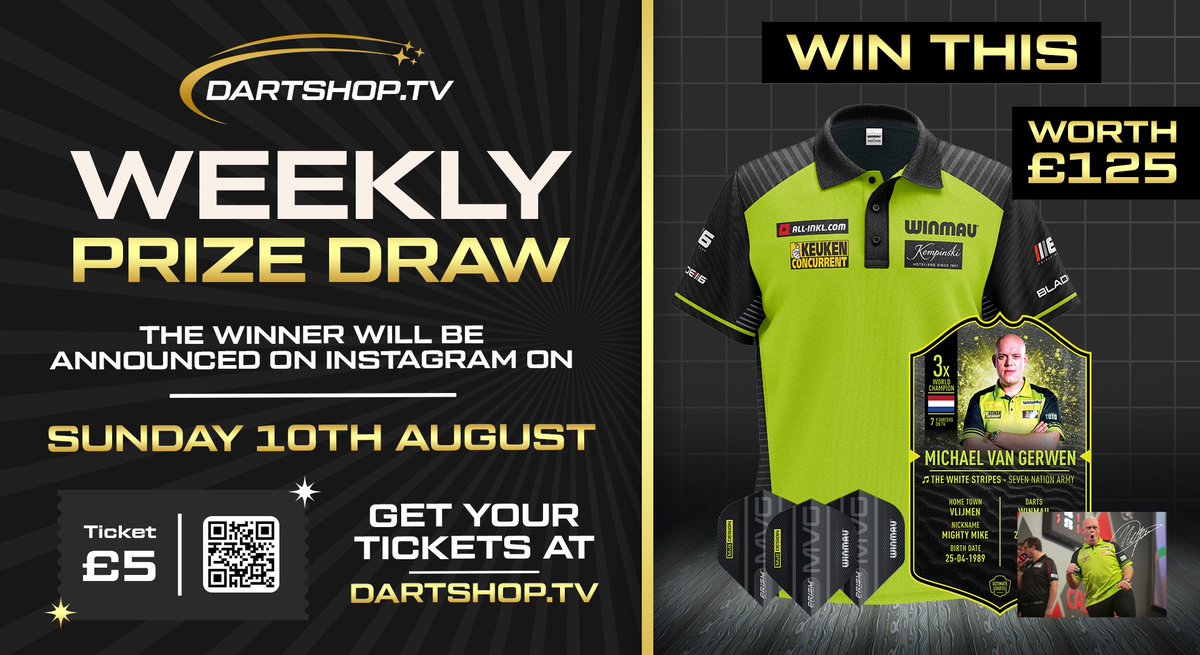 Darts World Magazine (@darts_world) on Twitter photo 🎁3️⃣ | DAYS LEFT!
Our friends at <a href="/DartshopTV180/">DARTSHOP.TV</a>
generously supply one of our regular DW Weekly Winners Prizes
Did you know that they run their own very special prize draw?
🎟 Get your ticket (& details) for the new Dartshop Weekly Prize Draw, here⬇
dartshop.tv/products/darts… 🎁3️⃣ | DAYS LEFT!
Our friends at <a href="/DartshopTV180/">DARTSHOP.TV</a>
generously supply one of our regular DW Weekly Winners Prizes
Did you know that they run their own very special prize draw?
🎟 Get your ticket (& details) for the new Dartshop Weekly Prize Draw, here⬇
dartshop.tv/products/darts…