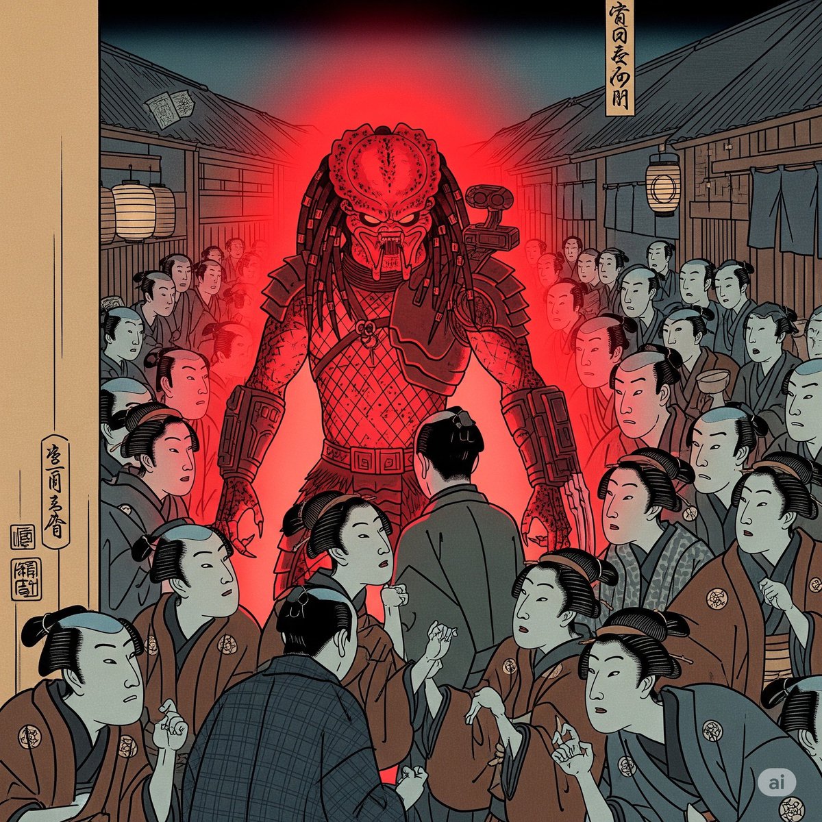 神楽坂の入口のスタバの前に赤く発光したプレデターがいて驚く江戸庶民