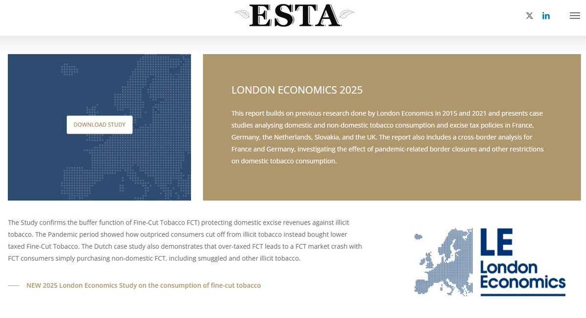 esta_eu's tweet image. Where the Commission adopts a tobacco tax proposal without releasing the economic studies it is based on, ESTA publishes the NEW 2025 London Economics Study on fine-cut tobacco on which its public positions are based.

esta.be/london-economi…