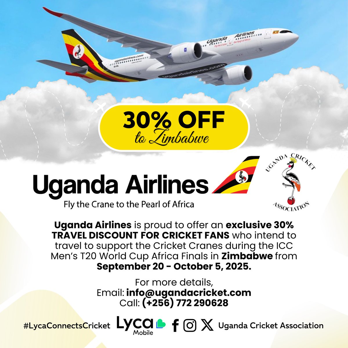 Uganda Cricket Association (@cricketuganda) on Twitter photo . <a href="/UG_Airlines/">Uganda Airlines</a> is offering a 30% travel discount to fans heading to Zimbabwe for the ICC Men’s T20 World Cup Africa Finals.
Uganda will be eyeing a second World Cup appearance for the senior men’s team.
#LycaConnectsCricket . <a href="/UG_Airlines/">Uganda Airlines</a> is offering a 30% travel discount to fans heading to Zimbabwe for the ICC Men’s T20 World Cup Africa Finals.
Uganda will be eyeing a second World Cup appearance for the senior men’s team.
#LycaConnectsCricket