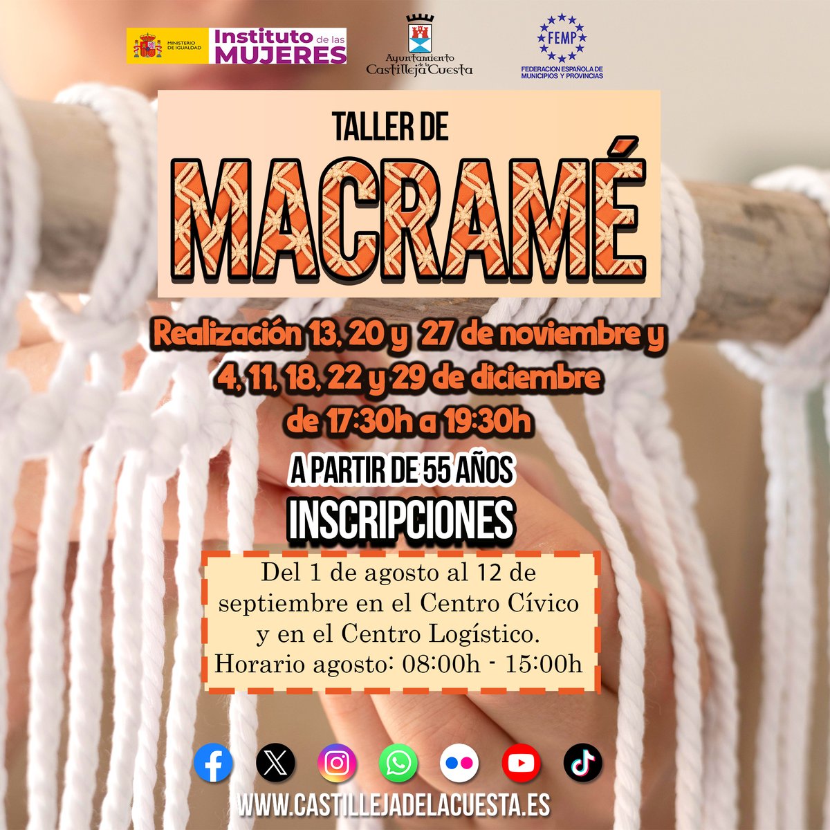 Abrimos el plazo de inscripción para el desarrollo de dos interesantes talleres 👇
 💃Taller de flecado de mantoncillos de flamenca
 🪢Taller macramé
 📍En el Centro Cívico y en el Centro Logístico. 
 
#ViveElVeranoEnCastilleja