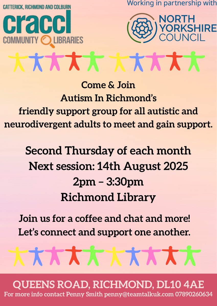 Looking for a friendly support group for autistic and neurodivergent adults?

Autism in Richmond’s drop in sessions here at the library offer just that 😊

Taking place on Thursday 14th August, the session offers a great chance to meet others and gain support, please come along.