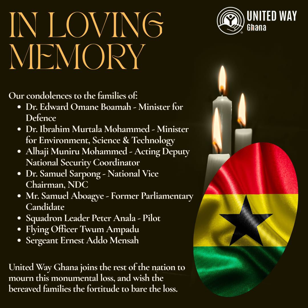 United Way Ghana commiserates with the nation on the loss of these distinguished public servants &amp; professionals.

We extend our condolences to the families, Government of Ghana, &amp; all institutions affected by this tragedy.

May their souls rest in perfect peace. 🕊️ #GhanaMourns