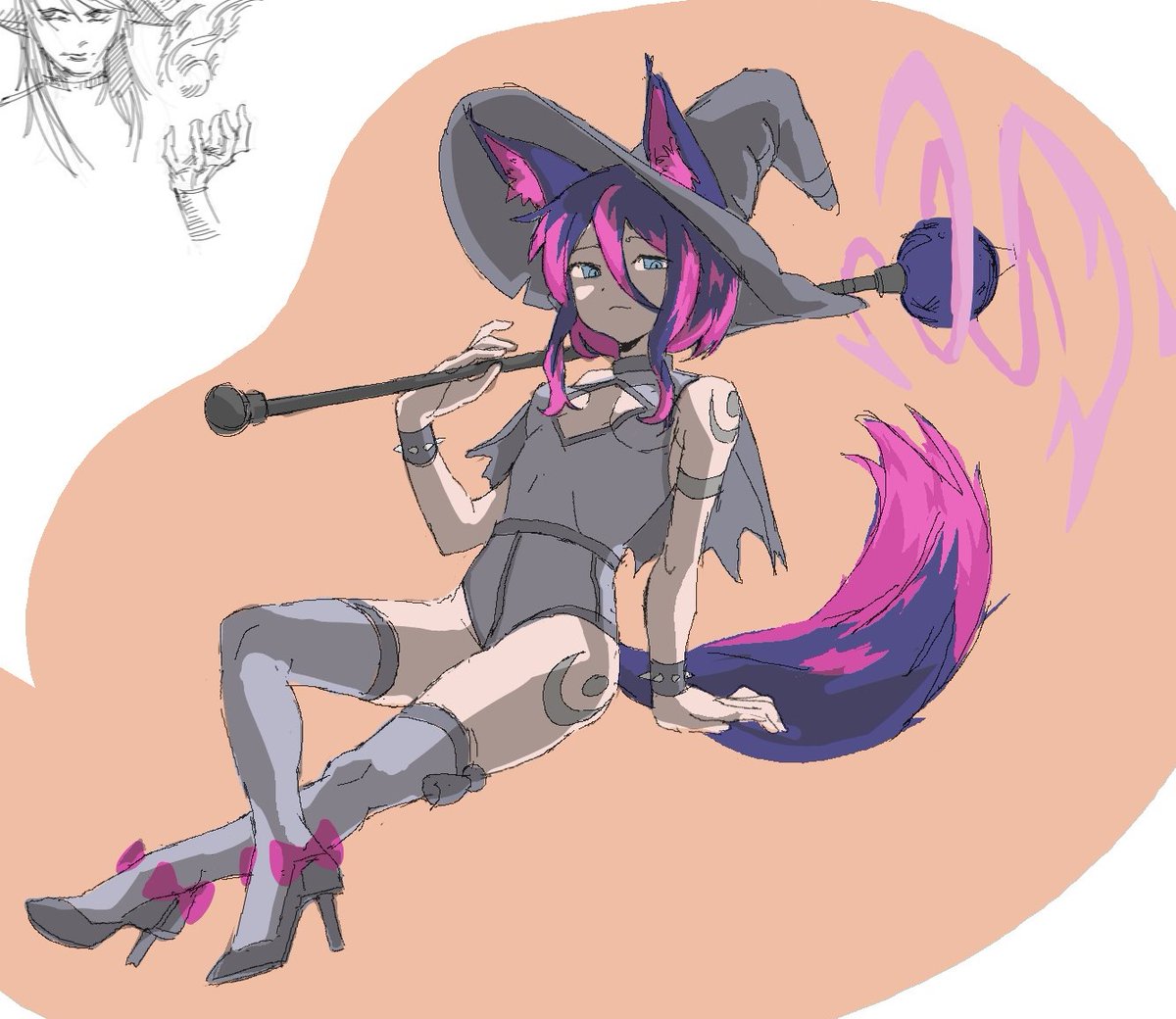 Druidheart_art's tweet image. A magical fox witch with attitude, heels, and a staff that means business.  💜🖤💫

#OriginalCharacter #OC #Witchsona #MagicGirl #FoxGirl #CharacterDesign #AnimeArt #DigitalArt #WitchVibes #ArtShare #FantasyArt