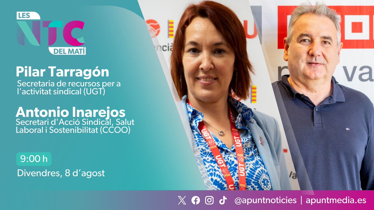Les notícies del matí (@ntcdelmati) on Twitter photo Este divendres entrevistem Pilar Tarragón, secretària de recursos per a l'activitat sindical (UGT), i Antonio Inarejos, secretari d'acció sindical, salut laboral i sostenibilitat (CCOO).
➡️ Amb <a href="/Isaolms/">Isabel Olmos</a> i <a href="/tojipi/">Toni Jiménez Picó</a> en la tertúlia.
⏰ 09:00 h
📺web.apunt.es/DirecteTV Este divendres entrevistem Pilar Tarragón, secretària de recursos per a l'activitat sindical (UGT), i Antonio Inarejos, secretari d'acció sindical, salut laboral i sostenibilitat (CCOO).
➡️ Amb <a href="/Isaolms/">Isabel Olmos</a> i <a href="/tojipi/">Toni Jiménez Picó</a> en la tertúlia.
⏰ 09:00 h
📺web.apunt.es/DirecteTV