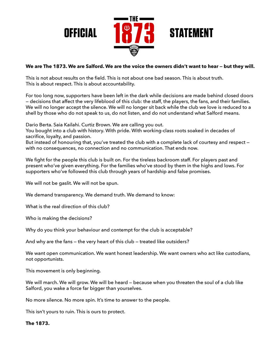 An introduction to The 1873, why we are here and what we want. 

We need the help of all Salford and the wider rugby league community to fight for answers and accountability before it’s too late. 

Follow us for updates on how you can get involved and help.

The 1873.