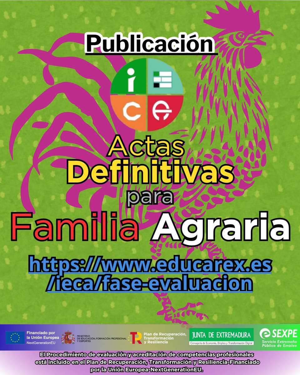 Publicación del listado de Actas Definitivas de la Fase de Evaluación, para Acreditaciones de la Familia Agraria.
Consulta los listados en:
educarex.es/ieca/fase-eval…