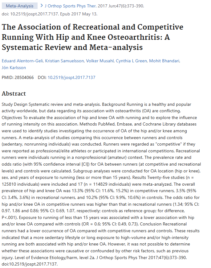 Moderate running is good for your joints! Recreational runners have lower rates of hip/knee arthritis (3.5%) than gen pop (10.2%). Only elites overdo it (13.3%). Well-planned progressive load on heart, lungs, muscle, bone, joint, tendon makes you stronger, less morbid/mortal