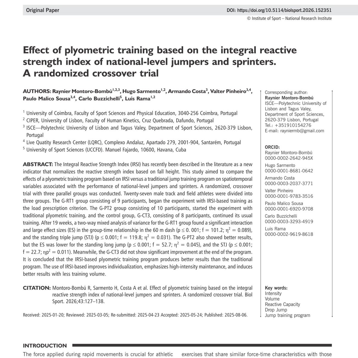 BiolSport's tweet image. #Plyometric training based on the integral reactive strength index led to:
🔹 +4.6% DJ30 speed
🔹 +3.1% STJ distance
🔹 +1.8% 60m sprint
🔹 With 18% less volume than traditional training.
Smarter, not harder 💡
✍️Raynier Montoro-Bombú  et al.
#OpenAccess 🔗doi.org/10.5114/biolsp…