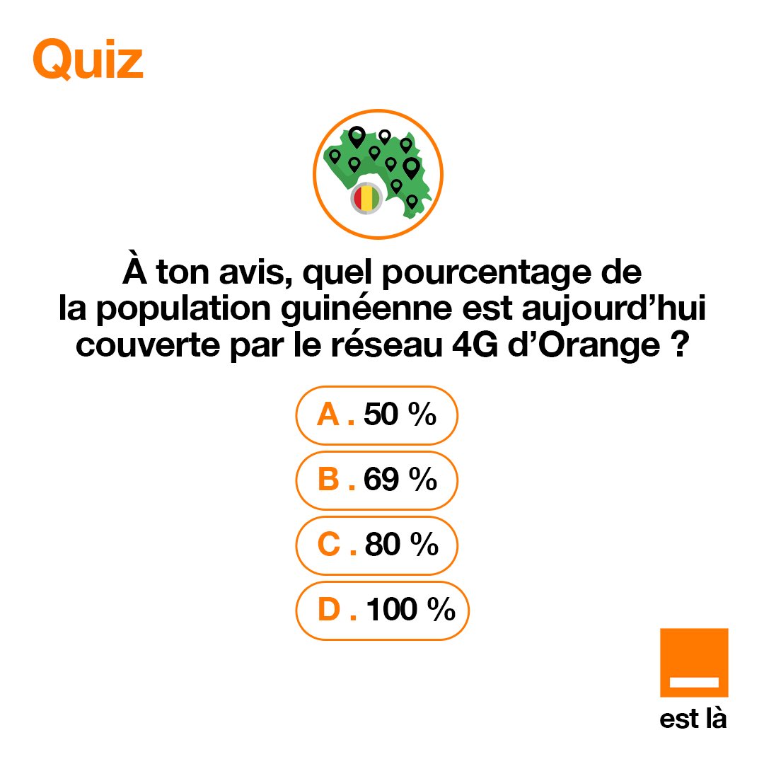Le réseau 4G d’Orange Guinée continue de s’étendre pour te connecter partout. 
Mais saurais-tu dire jusqu’où il s’étend aujourd’hui ? 
À toi de jouer ! Clique, lis la question et réponds en commentaire. 
Un petit test rapide, fun… et surprenant 😉