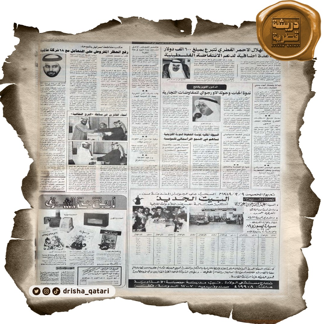 #دريشة_قطرية| عدد الأحد 6 رجب 1409 هـ / 12 فبراير 1989م

جمعية #الهلال_الأحمر_القطري تتبرع بمبلغ 600 ألف دولار مساعدة إضافية لدعم الانتفاضة الفلسطينية
<a href="/QRCS/">Qatar Red Crescent | الهلال الأحمر القطري</a>  

#صحيفة_الشرق #قطر #الدوحة #أرشيف_الشرق
