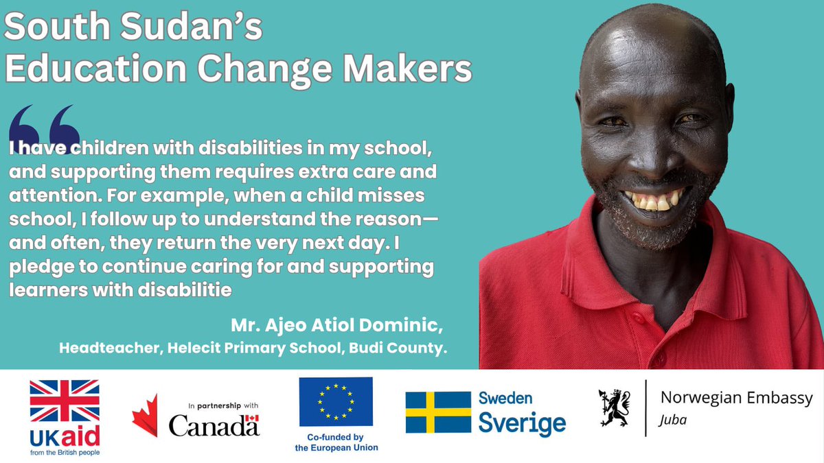 Today’s #ChangeMaker:

Meet Mr. Ajeo, a HeadTeacher from Budi County, Eastern Equatoria State in #SouthSudan. He’s championing education for girls and children with disabilities in his locality.

#Inclusion #EducationforAll