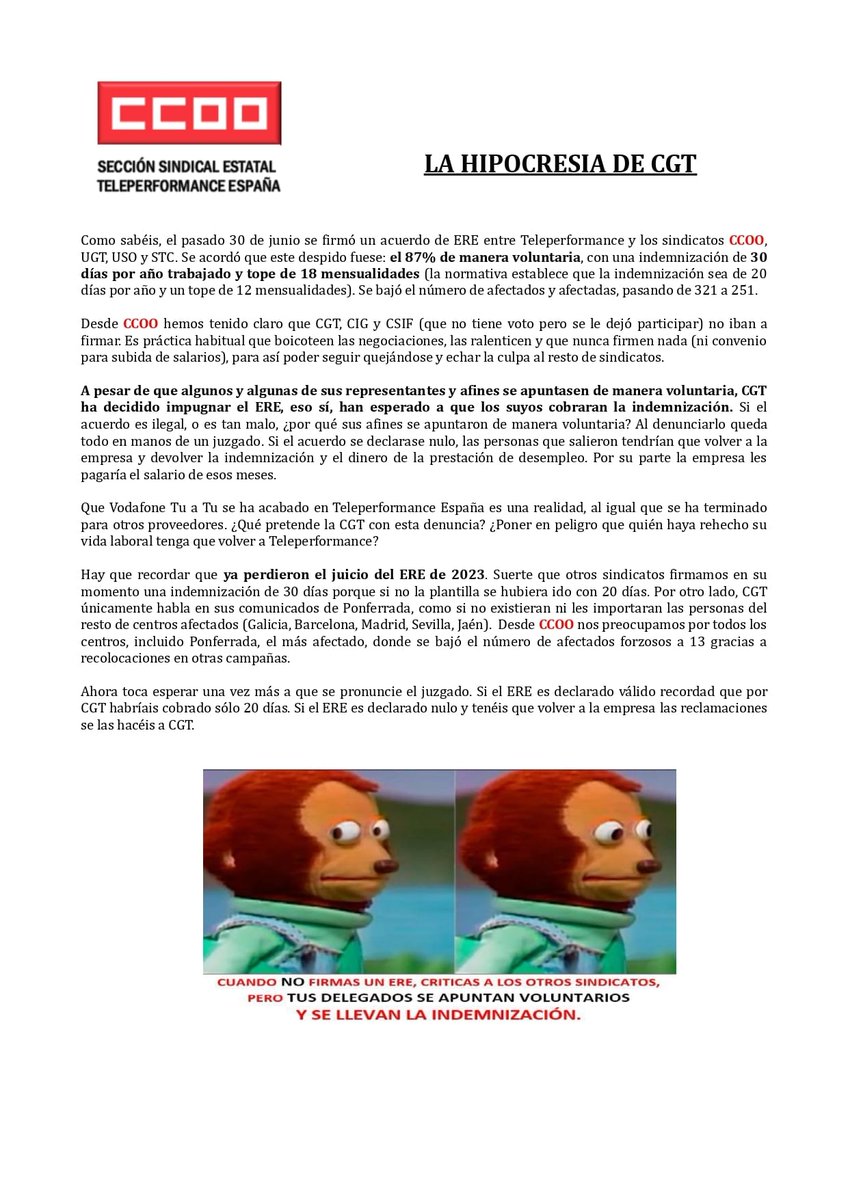 #CGT se beneficia de un ERE negociado por otros sindicatos, entre ellos #ccoo, y después lo impugna, aun sabiendo que la resolución judicial podría ser más perjudicial para las personas trabajadoras que el acuerdo alcanzado.

#NoTodoVale
#contactcenter
#Teleperformance