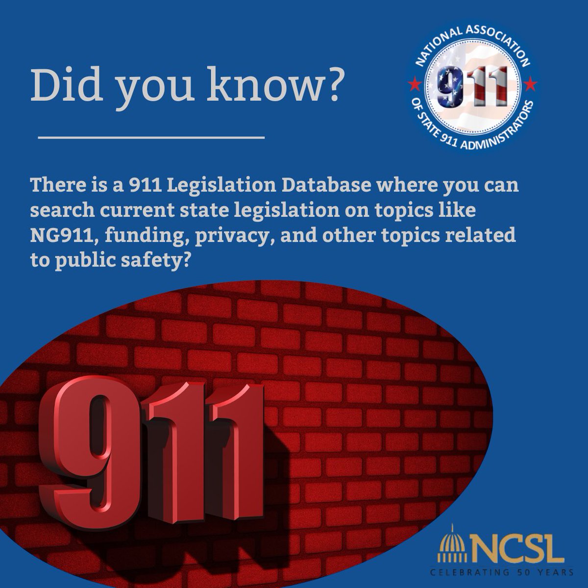 NCSL is a non-partisan organization that serves state legislatures by providing research, training and support. Did you know that there is a 911 Legislation Tracking Database ?  You can find it here: ncsl.org/technology-and…

#NASNA911 #WeAreNASNA
