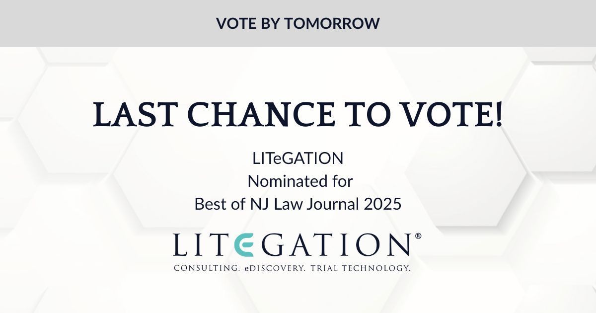 LITeGATION's tweet photo. Last chance! Voting for the Best of NJ Law Journal 2025 closes tomorrow!

We’re honored to have LITeGATION nominated — now we need your vote to finish strong 🗳

👉 https://t.co/8Oc9wszVyR

Thank you for the support!
#VoteLITeGATION #BestofNJLJ #LitigationSupport #LegalTech https://t.co/0C4vkp5aPg