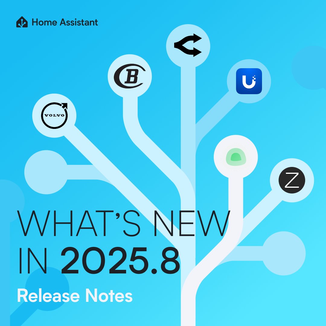 🏠 Home Assistant 2025.8 is here! The summer ☀️ of AI ✨

📢  home-assistant.io/blog/2025/08/0…

AI Tasks unlock new powers 🤖, lightning-fast streaming TTS 🔊, easier control of individual light group members 💡, weekday time triggers 📅, and a brand-new energy flow chart ⚡️