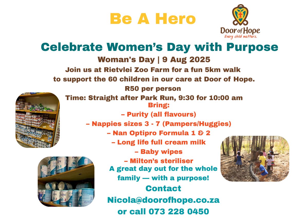 Door of Hope Children's Mission SA (@doorofhopejhb) on Twitter photo 9 ππΎπ°πΎπΌπ½ 2025 is your time to be a β₯ Hero β₯ for the 63 kiddies in our home.
*Celebrate Woman's Day with a Purpose. Come join us for a fun run or wonderful walk straight after the ParkRun- 09h30 for 10am* (γ£ββ‘β)γ£
Entrance Fee : π½ 50 πππ ππππππ and any item 9 ππΎπ°πΎπΌπ½ 2025 is your time to be a β₯ Hero β₯ for the 63 kiddies in our home.
*Celebrate Woman's Day with a Purpose. Come join us for a fun run or wonderful walk straight after the ParkRun- 09h30 for 10am* (γ£ββ‘β)γ£
Entrance Fee : π½ 50 πππ ππππππ and any item