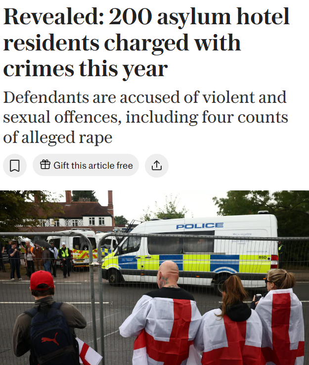 A whopping 211 illegal migrants living in hotels have been charged with a combined 425 offences just this year.

Charges include rape, sexual offences, and violent crimes.

This is why people are angry.
This is why the protests are going to continue.

Enough is enough.