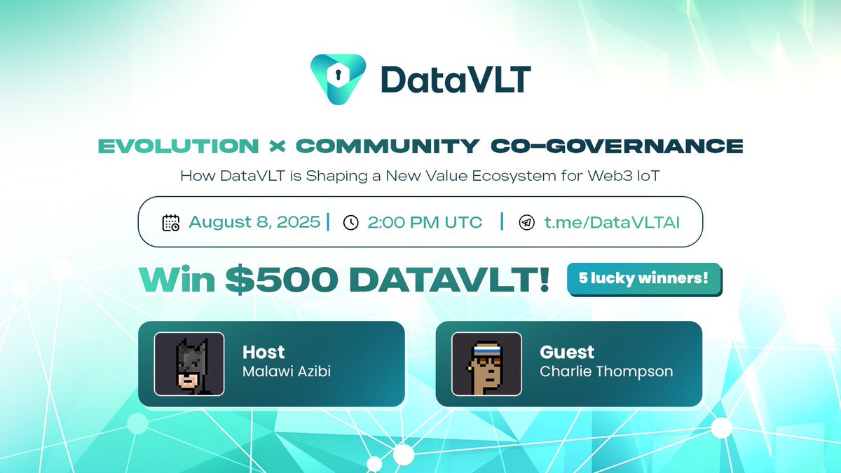 📢 AMA #DataVLT

How DataVLT is Shaping a New Value Ecosystem for Web3 IoT. 🌐

🗓️ Aug 8, 2025 | 🕛 2:00 PM UTC
🗺️ t.me/DataVLTAI

🎁 Win $500 DATAVLT! 5 lucky winners!

Don’t miss out—set your reminder! 🔔