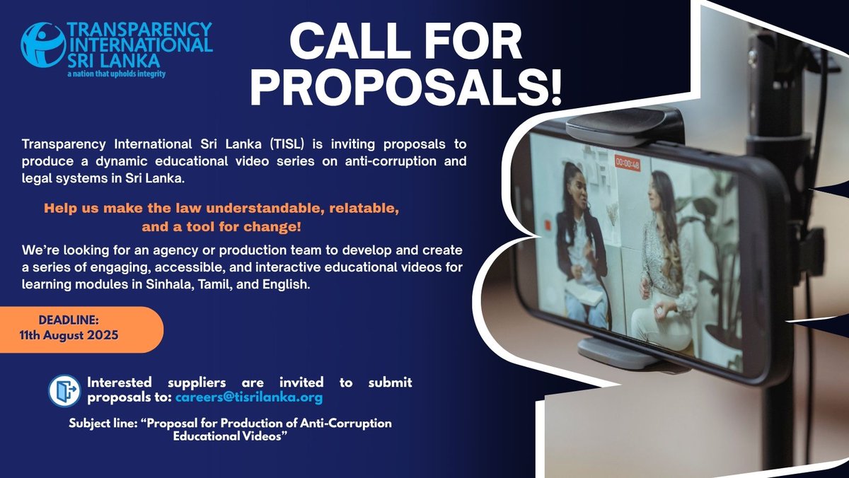 tisrilanka's tweet image. TISL is seeking a creative #Video Development Team!
We&apos;re calling for #proposals to develop an interactive educational video series on #anticorruption legal framework in #SriLanka.

📩 Apply now!

More details: tisrilanka.org/produce-an-edu…