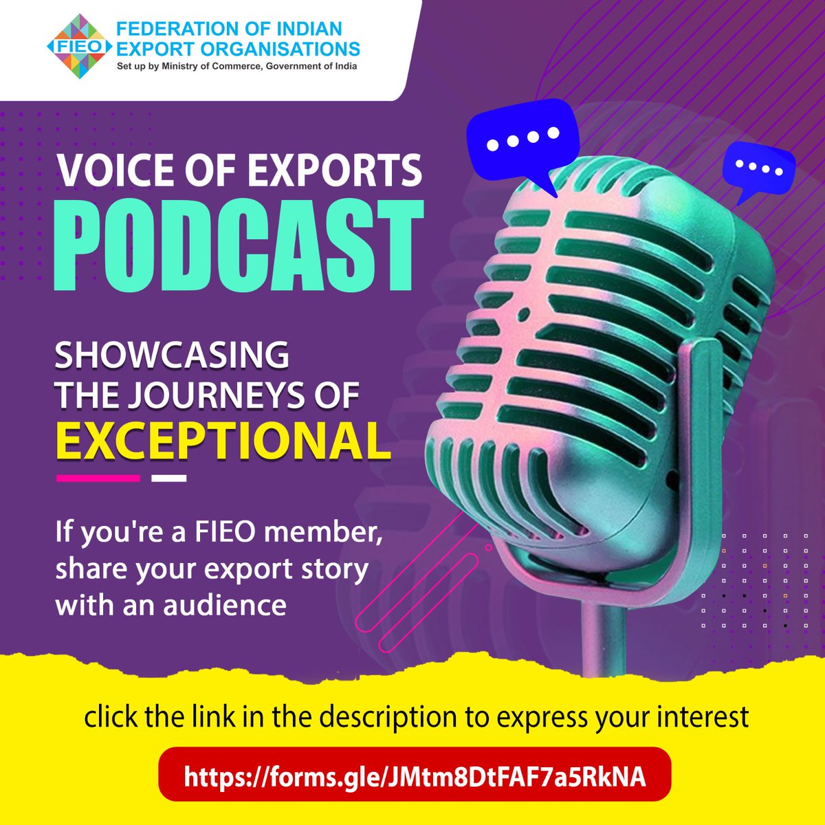 FieoHq's tweet photo. 🎙️ Calling All Export Champions!
Here’s your chance to inspire the world 🌍 with your #ExportSuccessStory!
📢 Be featured on FIEO’s “#VoiceofExports” Podcast Series – available on:
🎧 Spotify | Podbean| Youtube | #FIEO Website
💬 Share your entrepreneurial journey, global milestones & lessons with the wider EXIM community!
📌 FIEO Members, express your interest here:
👉 https://t.co/DrMhPcPRMb
Let your voice inspire others. Be the voice of exports! 🌐📈
#ExportIndia #EntrepreneurVoices #FIEO60 #FIEODJC2025 #FIEODiamondJubilee #DiamondJubileeCelebrations #PodcastOpportunity #TradeTalks #StartupVoices