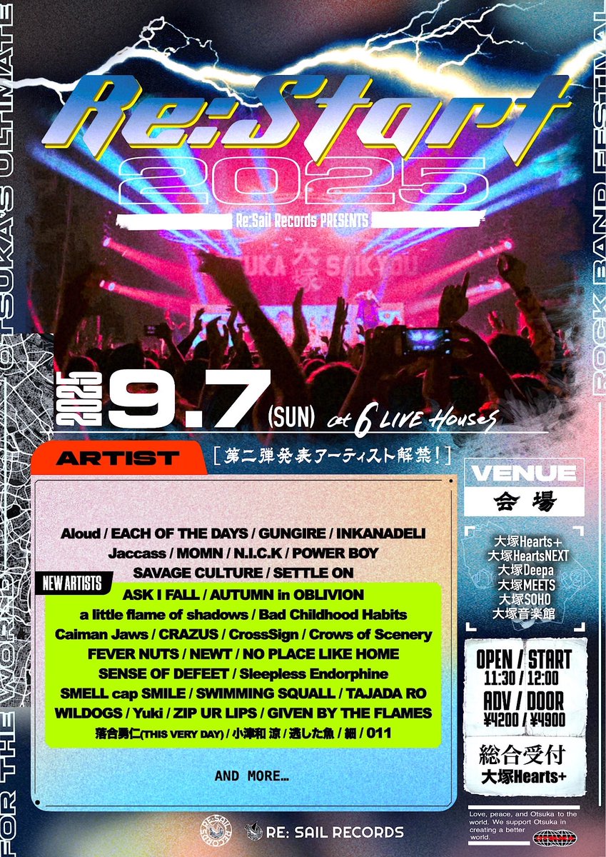 SMELLcapSMILE's tweet image. 『タイムテーブル公開！』

　　Re:Sail Records presents

　　　❤️‍🔥 Re:Start2025 ❤️‍🔥

スメスマの時間は19:00から！
是非、遊びに来てください‼️

9/7 日曜日
OPEN/START 11:30/12:00
ADV/DOOR ¥4200/¥4900

チケット
DM or Gmail
smellcapsmile@gmail.com

#スメスマ
#Aloud
#ReStart