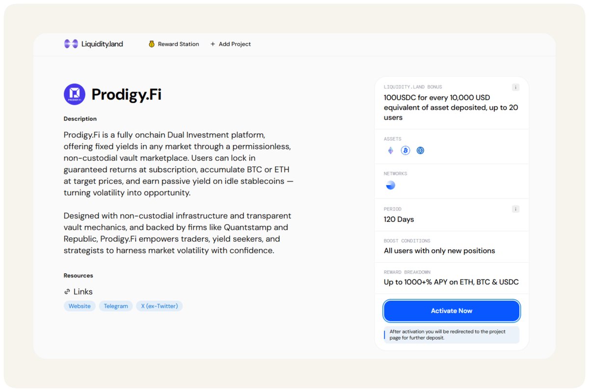 Nick Research (@nick_researcher) on Twitter photo ➥ Been sharing yields oppotunities on <a href="/Liquidity_Land/">Liquidity.Land</a> lately
I actually activated a fixed-yield vault on <a href="/ProdigyFi/">Prodigy.Fi</a> via Liquidity Land and started earning in under 3 mins
Here’s the setup:
→ Liquidity Land curates exclusive deals from top DeFi protocols
→ Prodigy Fi is one ➥ Been sharing yields oppotunities on <a href="/Liquidity_Land/">Liquidity.Land</a> lately
I actually activated a fixed-yield vault on <a href="/ProdigyFi/">Prodigy.Fi</a> via Liquidity Land and started earning in under 3 mins
Here’s the setup:
→ Liquidity Land curates exclusive deals from top DeFi protocols
→ Prodigy Fi is one