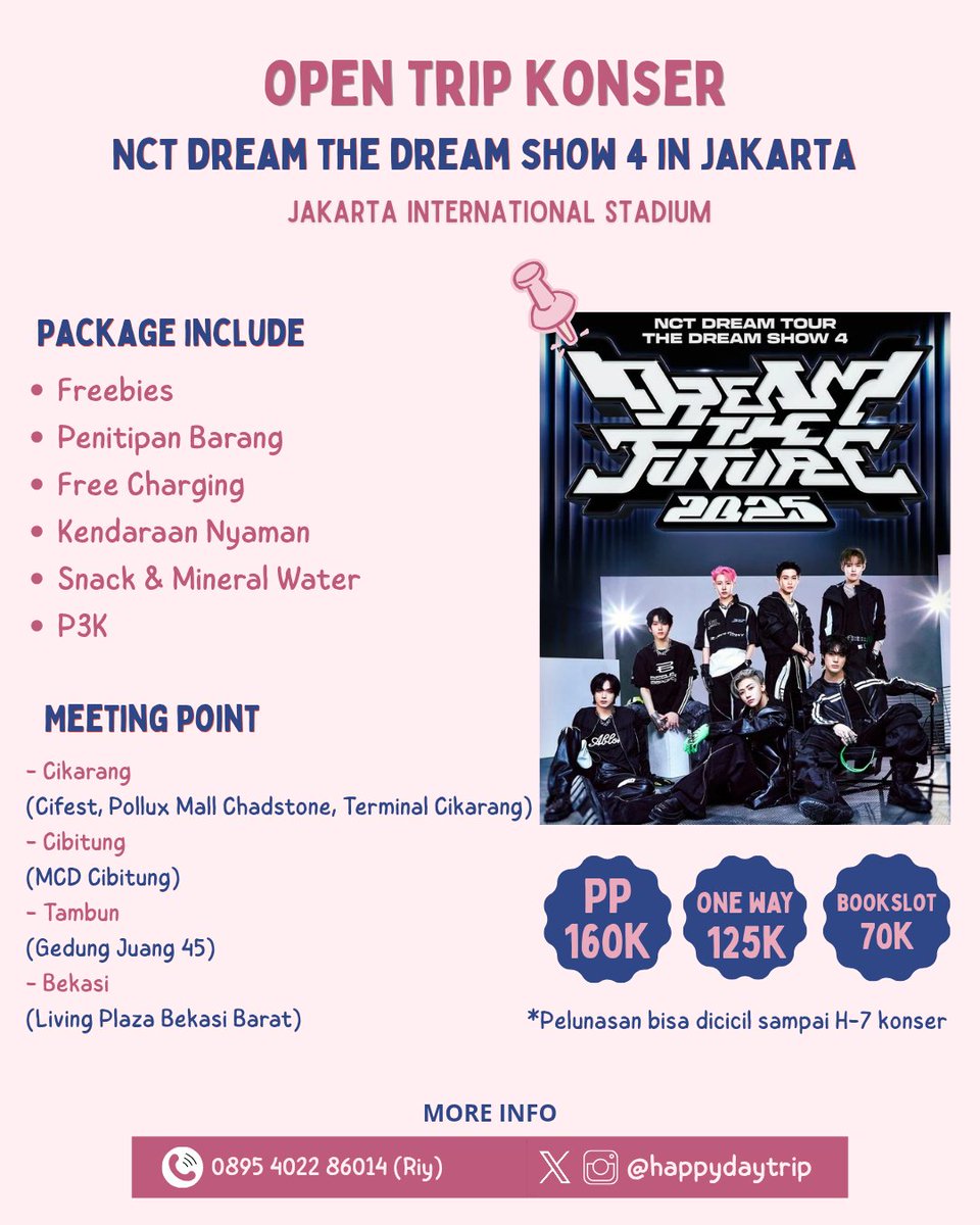 💖 OPEN TRIP KONSER NCT DREAM - THE DREAM SHOW 4 by <a href="/happydaytrip/">TRIP KONSER TREASURE ATEEZ CIKARANG BEKASI</a> 💖

📍 Cikarang - Cibitung - Tambun - Bekasi
💰 160k PP (Book slot 70k)
📆 27 &amp; 28 September 2025

Pendaftaran bisa isi form di bawah ya 👇🏻
bit.ly/TDS4HDayTrip

More info please DM💌

#nctdream #tds #tds4