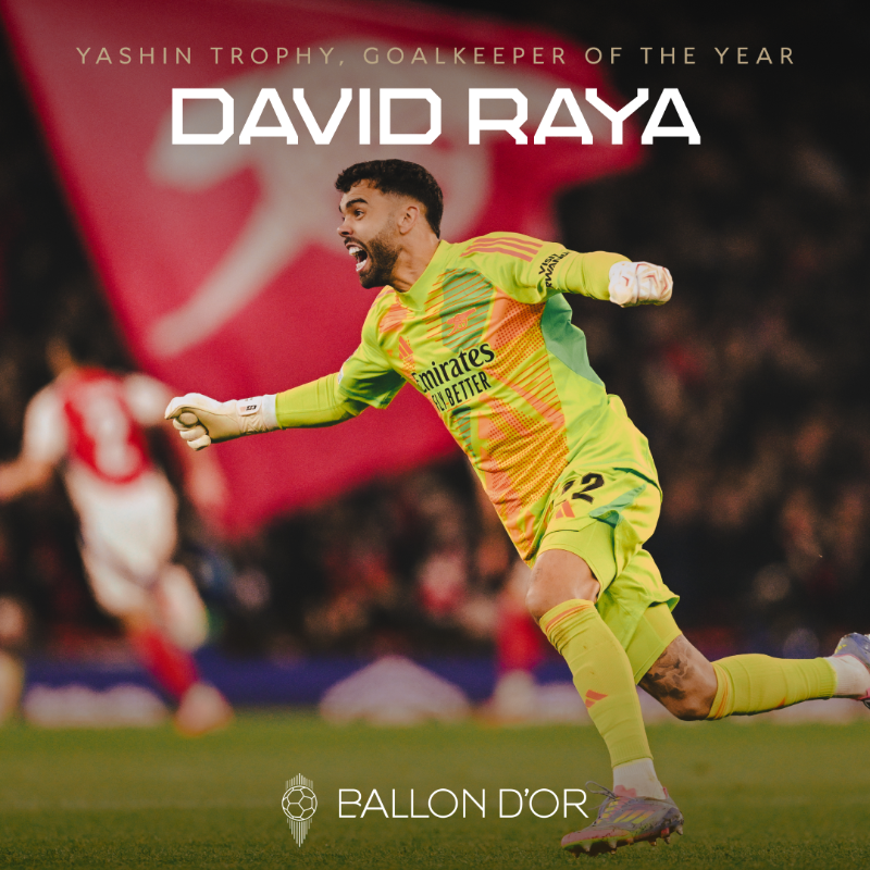 Arsenal's tweet photo. Sensational between the sticks 💪

Nominated for the 2025 Ballon d’Or Yashin Trophy: David Raya 🧤