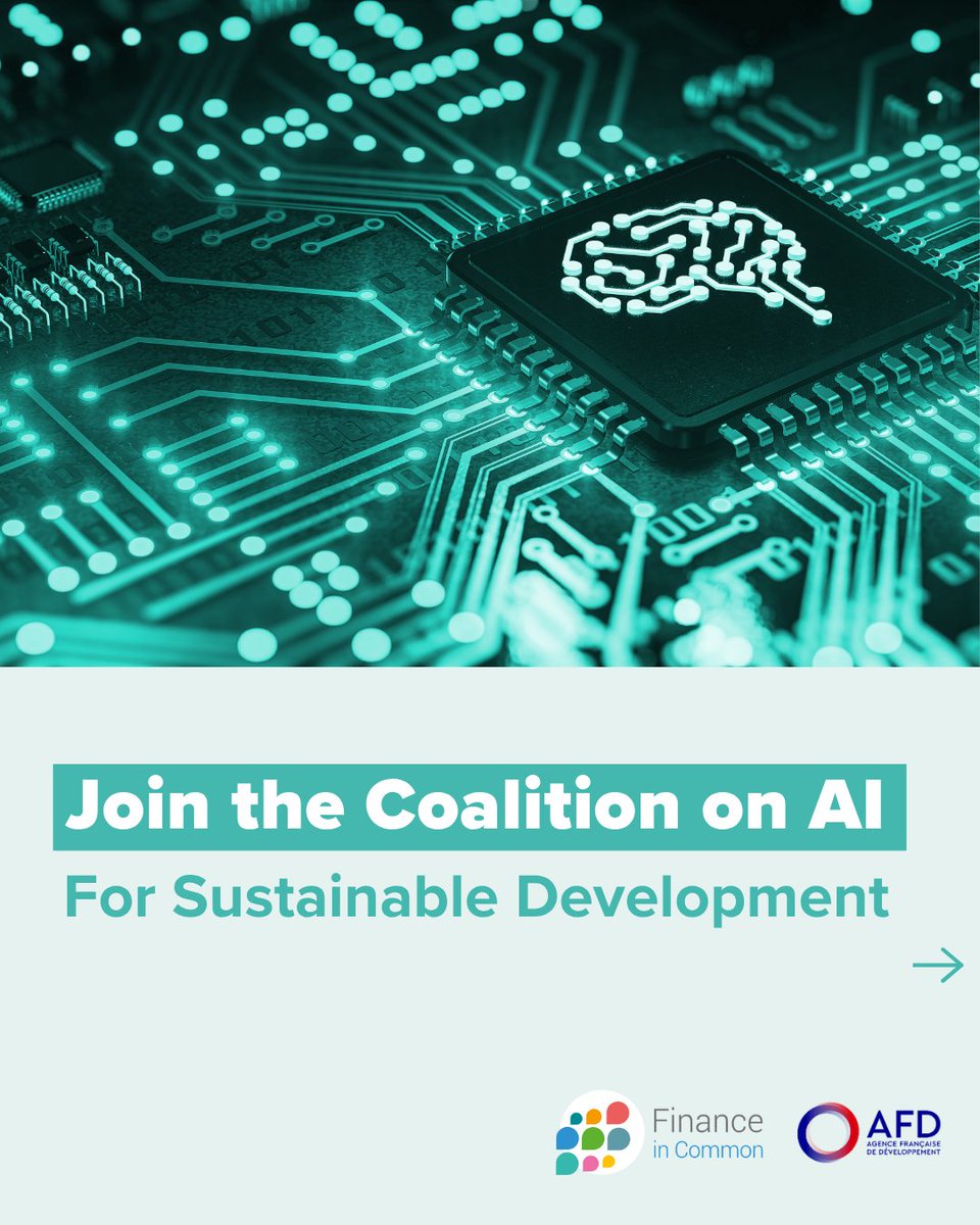 FinanceInCommon's tweet image. 🌍 Launching the Coalition on AI for Sustainable Development

How can Artificial Intelligence contribute to the Sustainable Development Goals (SDGs)?

With the support of @FinanceInCommon, the @AFD_en  is launching the 𝗖𝗼𝗮𝗹𝗶𝘁𝗶𝗼𝗻 𝗼𝗻 𝗔𝗜 𝗳𝗼𝗿 𝗦𝘂𝘀𝘁𝗮𝗶𝗻𝗮𝗯𝗹𝗲…