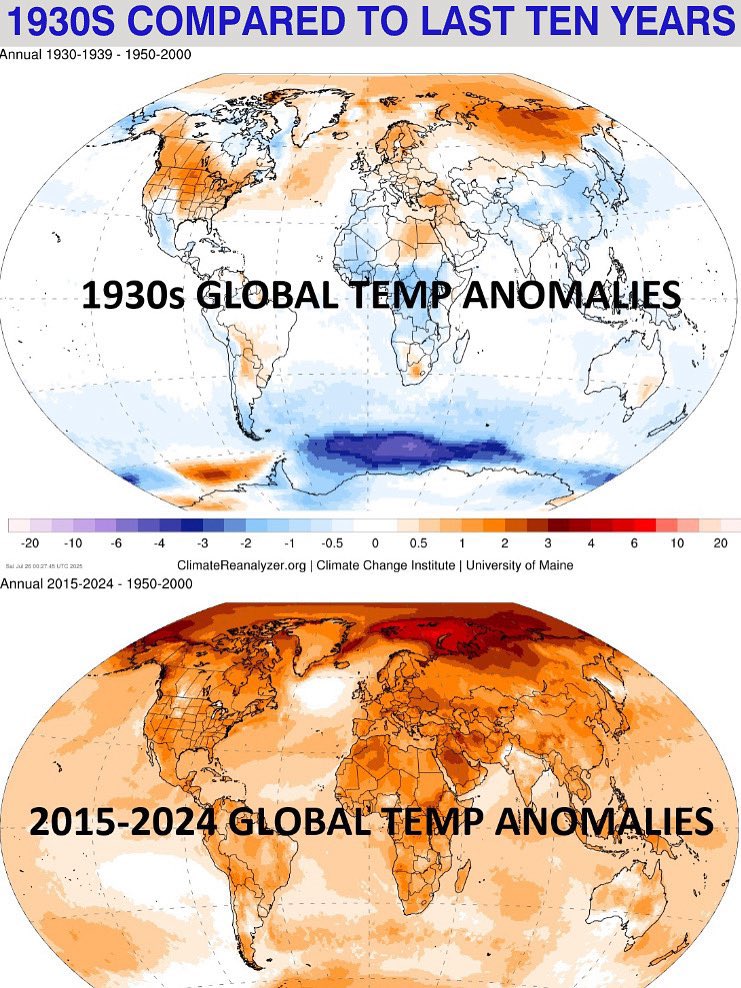 Climate deniers love to point to the 1930’s as a hot period. 

The reality? Only a few places were hotter than average that decade. Compared with today where the entire planet is much warmer on average.