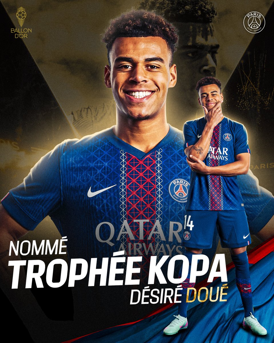 PSG_inside's tweet photo. Désiré Doué et João Neves sont nommés pour le trophée Kopa 2025 ❤️💙

Félicitations à nos deux Parisiens ✨

#BallonDor https://t.co/WugjcUwa6A