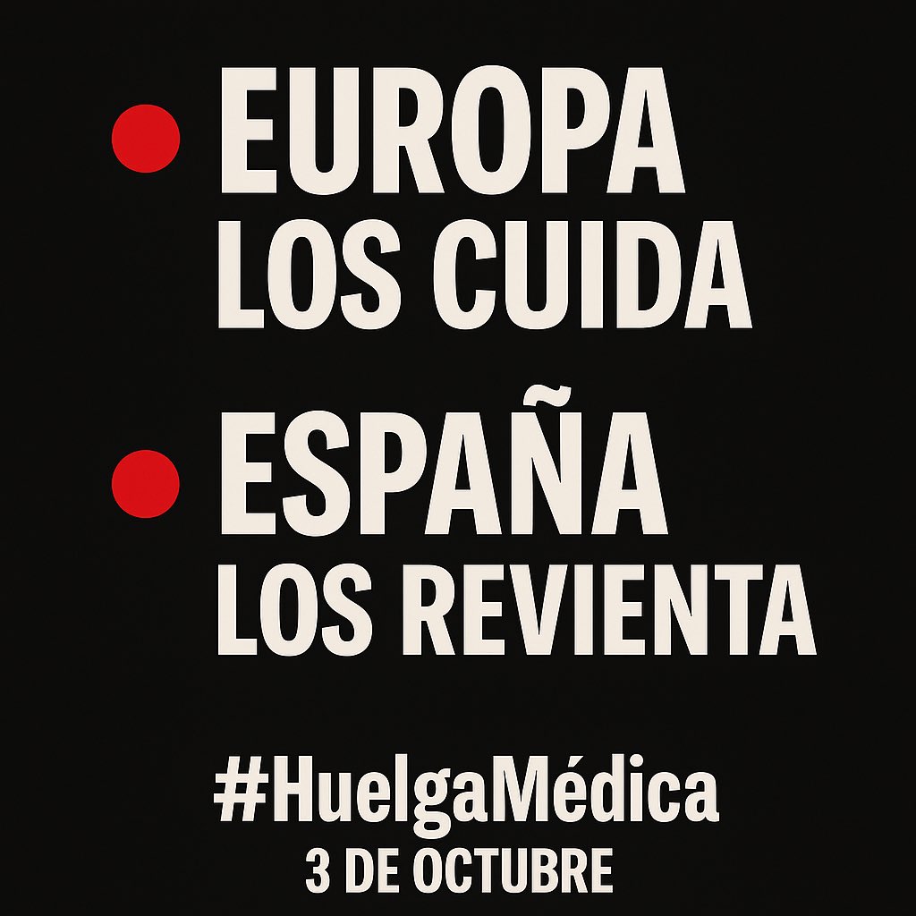 🔴 Europa los cuida.
🔴 España los revienta.

Huelga médica: 3 de octubre

🔗consalud.es/profesionales/…
#EstatutoPropio
