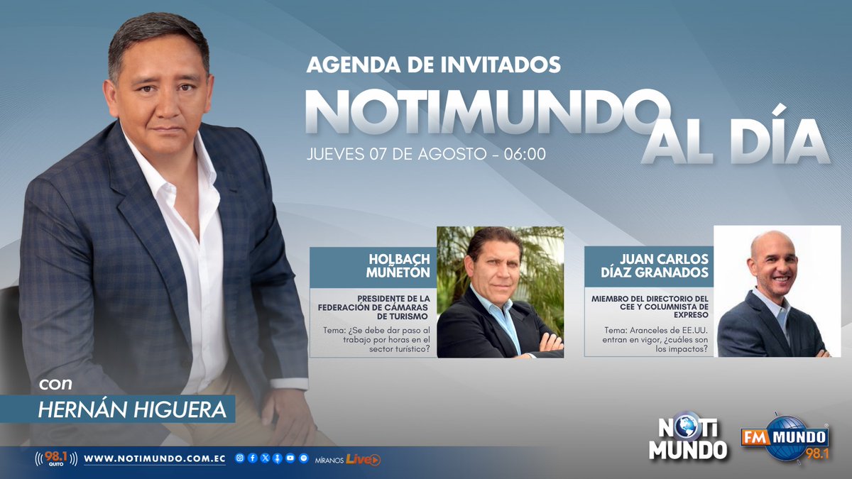 NotiMundo (@notimundoec) on Twitter photo 🔊 #AlAire | Iniciamos una nueva emisión de #NotimundoAlDía, con <a href="/higuerahernan/">Hernán Higuera</a>.
Hoy conversamos con <a href="/HMunetonZ/">Holbach Muñetón Z.</a> y <a href="/JCDGM/">Juan Carlos Díaz Granados</a>. Comunícate con nosotros. ⤵️
📲 098 999 9819
📻 98.1 FM #Quito
🎥 youtube.com/live/VP931KKnx…
🌐 fmmundo.com 🔊 #AlAire | Iniciamos una nueva emisión de #NotimundoAlDía, con <a href="/higuerahernan/">Hernán Higuera</a>.
Hoy conversamos con <a href="/HMunetonZ/">Holbach Muñetón Z.</a> y <a href="/JCDGM/">Juan Carlos Díaz Granados</a>. Comunícate con nosotros. ⤵️
📲 098 999 9819
📻 98.1 FM #Quito
🎥 youtube.com/live/VP931KKnx…
🌐 fmmundo.com