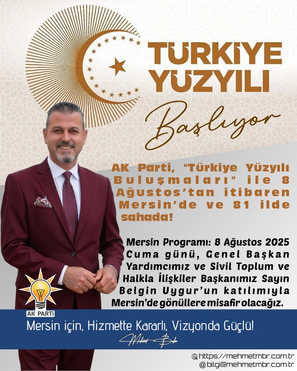 Hep Birlikte Güçlü Türkiye! 🇹🇷

💪 AK Parti, "Türkiye Yüzyılı Buluşmaları" ile 8 Ağustos’tan itibaren Mersin’de ve 81 ilde sahada!

📍 Mersin Programı: 8 Ağustos 2025 Cuma günü, Genel Başkan Yardımcımız ve Sivil Toplum ve Halkla İlişkiler Başkanımız Sayın Belgin Uygur’un