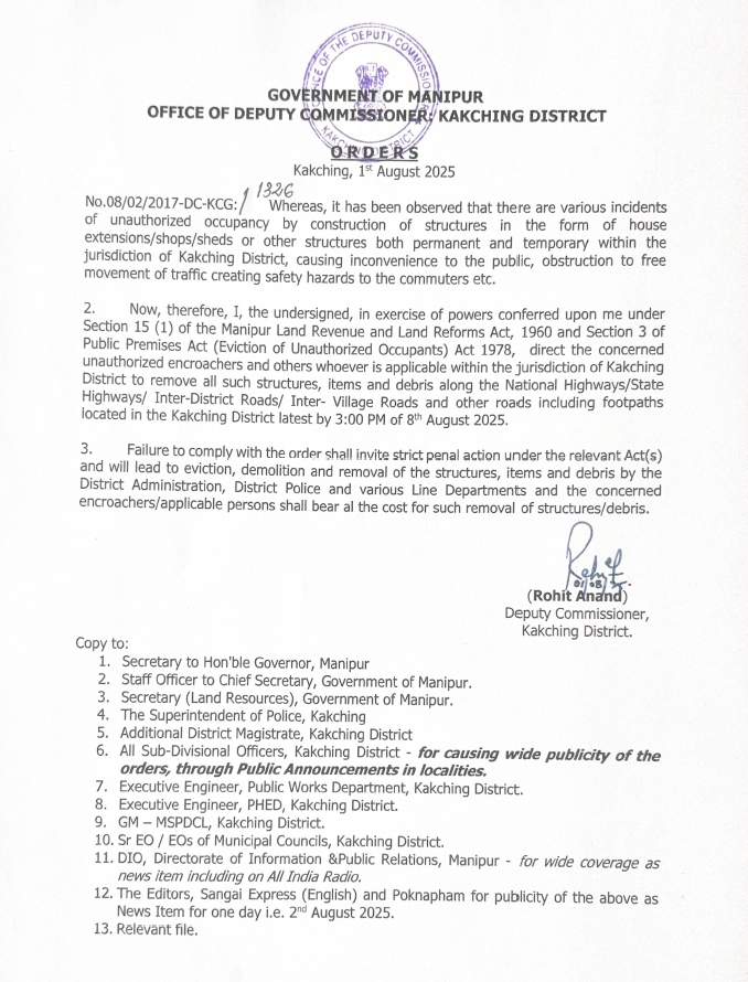 KakchingDc's tweet photo. Public Notice | Eviction Order
All unauthorized structures along roads in Kakching District must be removed by 3:00 PM, 8th August 2025. Non-compliance will invite strict legal action and eviction.
#DCKakching #EncroachmentDrive #PublicSafety #Kakching https://t.co/85eTZSGKJk