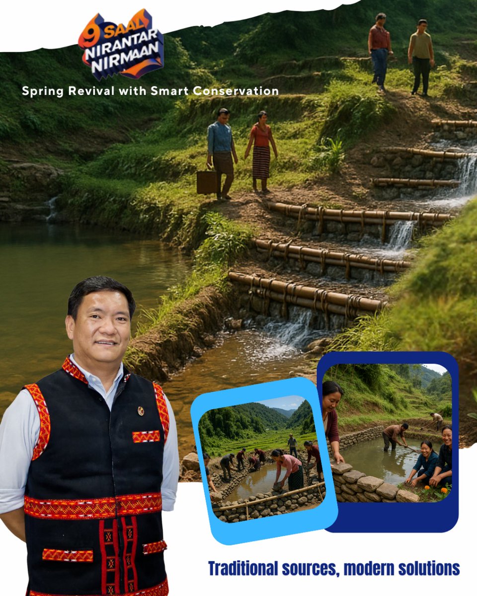 BJP4Arunachal's tweet photo. Pema 3.0 encourages restoration of springs through conical ponds, nallah bunds, and vegetative measures. reviving traditional water sources and ensuring sustainable spring-shed management.
#JalPunarjivan #SpringShedManagement #GreenArunachal #9SaalNirantarNirmaan
@BJP4India @PemaKhanduBJP @ChownaMeinBJP
@TheAshokSinghal @KalingMoyongBJP @NiglarTadar @Mutchu4