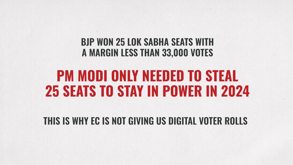 The BJP won 25 Lok Sabha seats with a margin of less than 33,000 votes.

Narendra Modi needed to steal 25 seats to become Prime Minister — and that’s exactly what happened.

This is why the Election Commission is refusing to give us the digital voter list.
