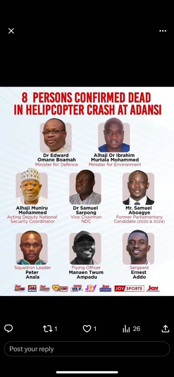 HELICOPTER CRASH CLAIMS 8 LIVES - GHANA 🇬🇭 

In an unthinkable loss for the Republic of Ghana, a military helicopter crash has taken the lives of eight people, including Defence Minister Edward Omane Boamah and Environment Minister Ibrahim Murtala Muhammed. The helicopter was en