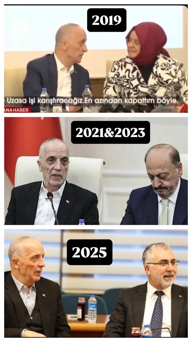 Yıl 2019 — Türk-İş Başkanı Ergün Atalay , Çalışma Bakanı Zehra Zümrüt Selçuk;
Türk-İş Başkanı mikrofonu açık unuttu:
“Konuyu kapattım, kapatmasaydım ortalık karışacaktı.”

Yıl 2021 — Türk-İş Başkanı Ergün Atalay, Çalışma Bakanı Vedat Bilgin;
Sessizce imzalanan protokol.
Ne eylem