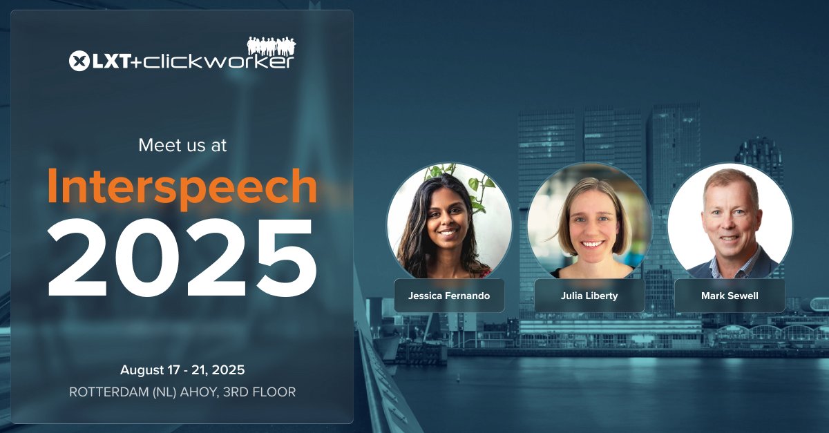 LXT (@lxt_ai) on Twitter photo We are thrilled to be exhibiting at <a href="/ISCAInterspeech/">INTERSPEECH 2025</a> in the vibrant city of Rotterdam, The Netherlands!
We look forward to seeing you there!
#Interspeech2025 #speechtechnology #generativeAI #AIdatasolutions #lxtai We are thrilled to be exhibiting at <a href="/ISCAInterspeech/">INTERSPEECH 2025</a> in the vibrant city of Rotterdam, The Netherlands!
We look forward to seeing you there!
#Interspeech2025 #speechtechnology #generativeAI #AIdatasolutions #lxtai