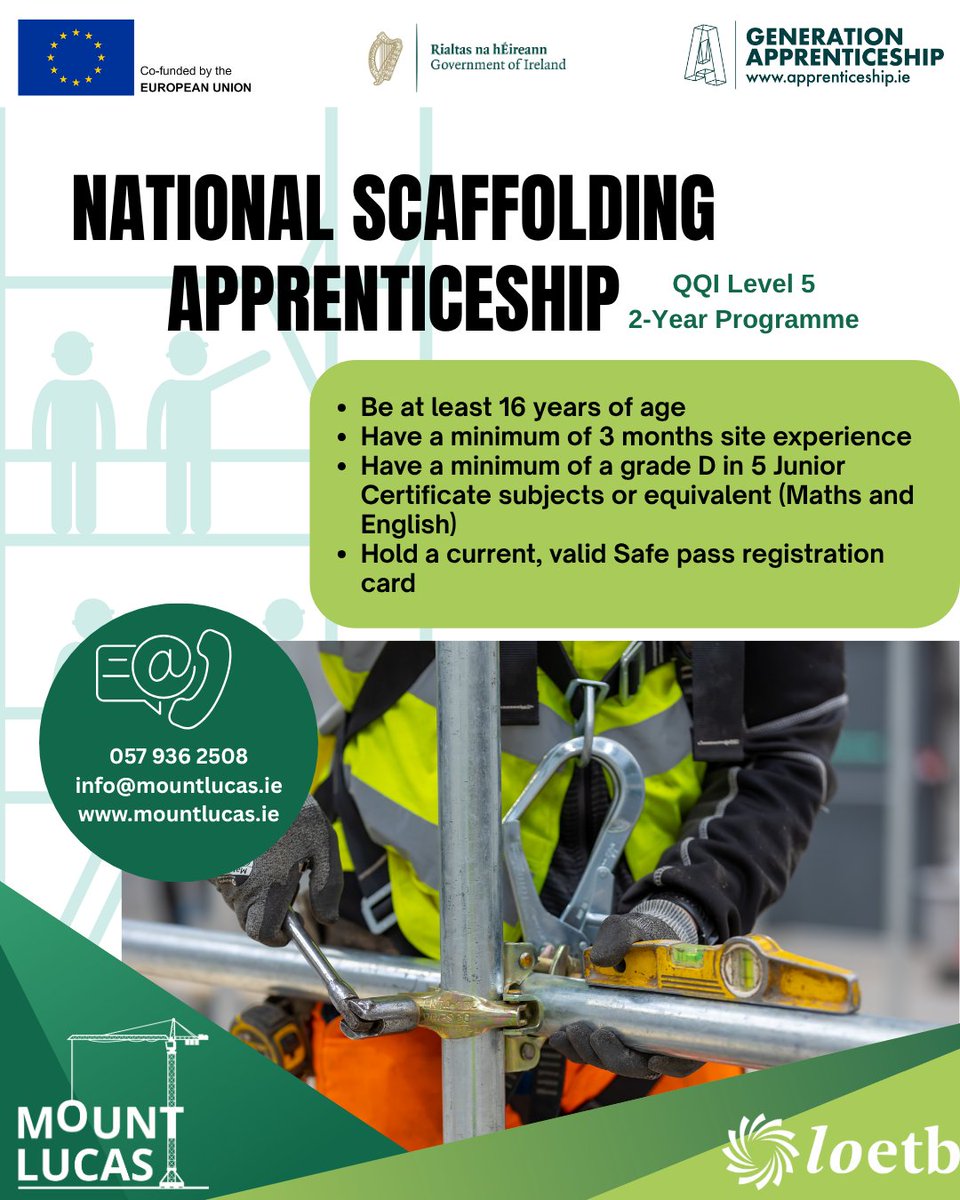 LOETB National Construction Training Campus (@mountlucastc) on Twitter photo 🚧 Kickstart your scaffolding career with the National Scaffolding Apprenticeship!
💥 QQI Level 5 | 2-Year Programme
✅ Aged 16+
✅ 3+ months site experience
🔗 mountlucas.ie
#Apprenticeship #Scaffolding #LOETB
<a href="/apprenticesIrl/">Apprenticeship Irl</a> <a href="/LOETBapprentice/">LOETB Apprenticeships</a> 🚧 Kickstart your scaffolding career with the National Scaffolding Apprenticeship!
💥 QQI Level 5 | 2-Year Programme
✅ Aged 16+
✅ 3+ months site experience
🔗 mountlucas.ie
#Apprenticeship #Scaffolding #LOETB
<a href="/apprenticesIrl/">Apprenticeship Irl</a> <a href="/LOETBapprentice/">LOETB Apprenticeships</a>