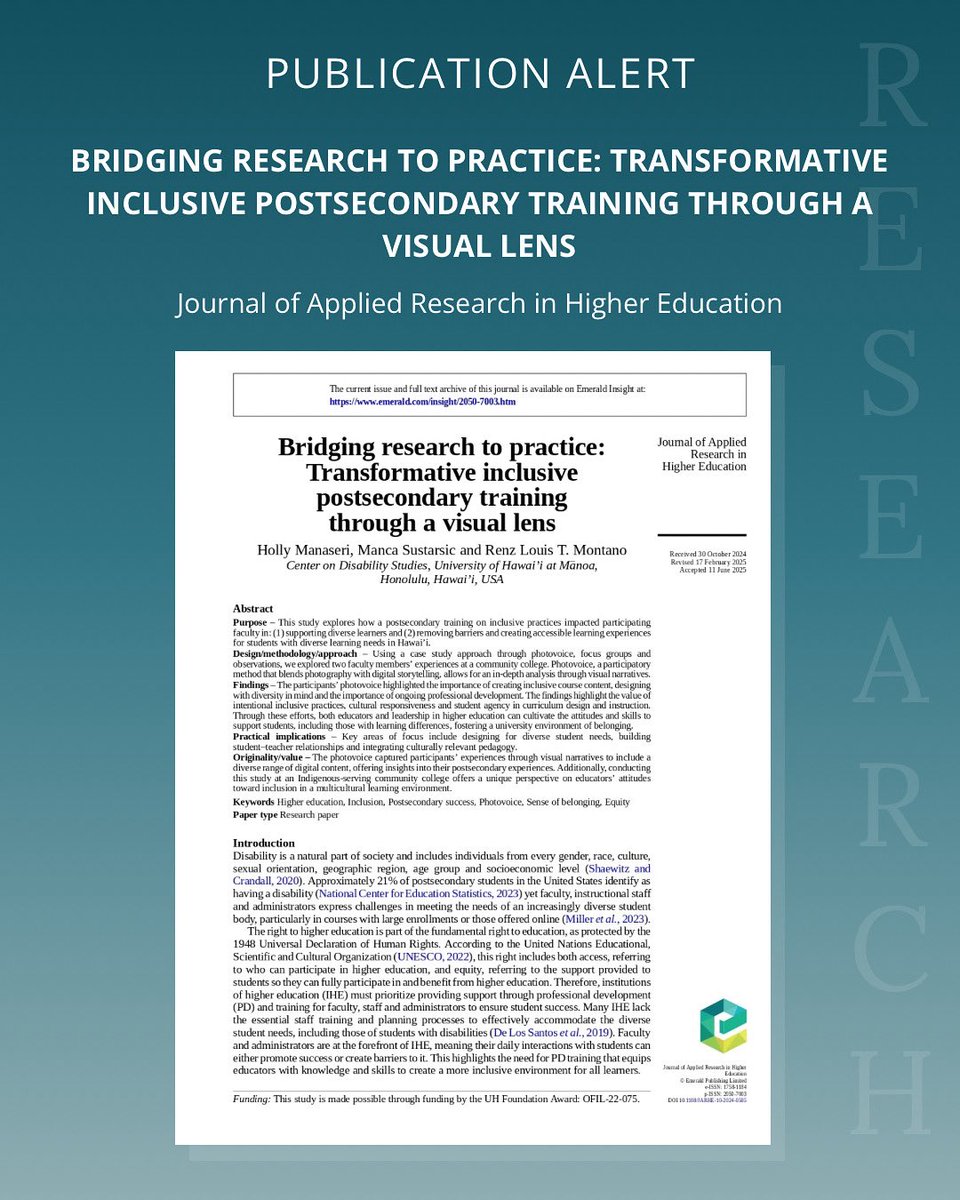 I’m happy to share that our paper is now published in the Journal of Applied Research in Higher Education. This is my first paper with my project team at the UHM Center on Disability Studies (CDS), and also my first publication using qualitative methods.