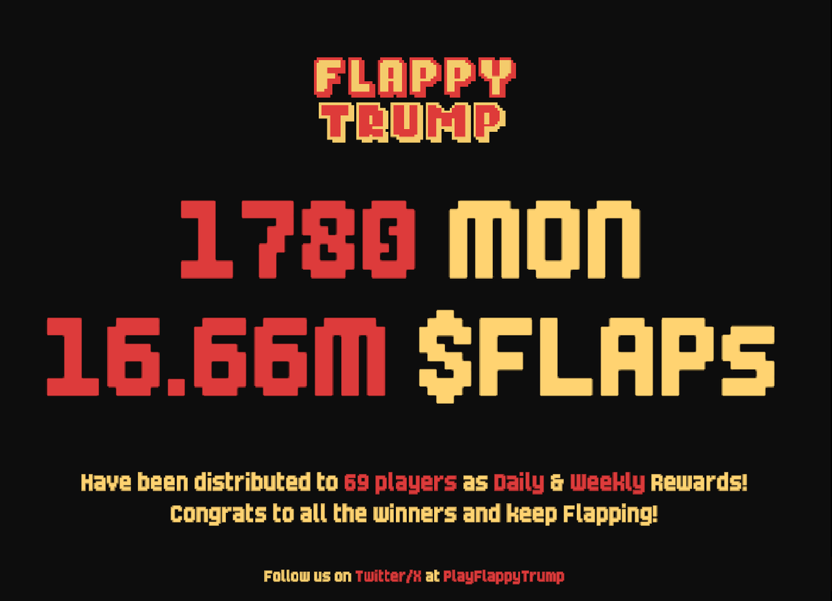 Gflappy folks!

1780 $MON &amp; 16.66M $FLAP have been distributed to 69 players as Daily &amp; Weekly Rewards for 19th July to 6th August, 2025!

What are you waiting for?
Play Flappy Trump and start earning!

Check bio for the Browser and Farcaster links!