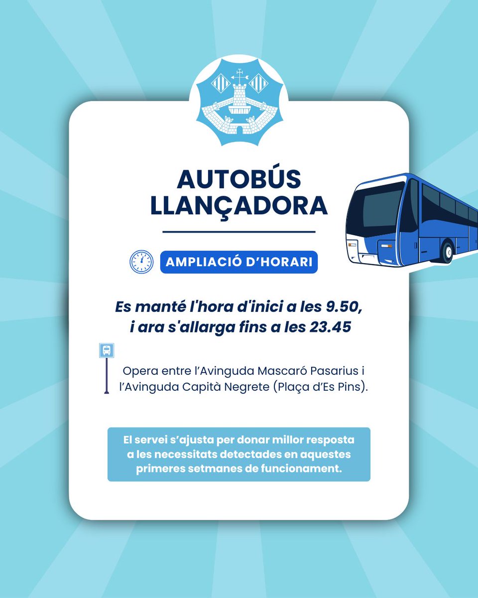 📢 Ampliació de l'horari del bus llançadora

🚌 L'autubús llançadora de Ciutadella, impulsat i finançat pel departament de Mobilitat del Consell Insular, augmenta les seves freqüències per a donar resposta a les necessitats dels passatgers.
