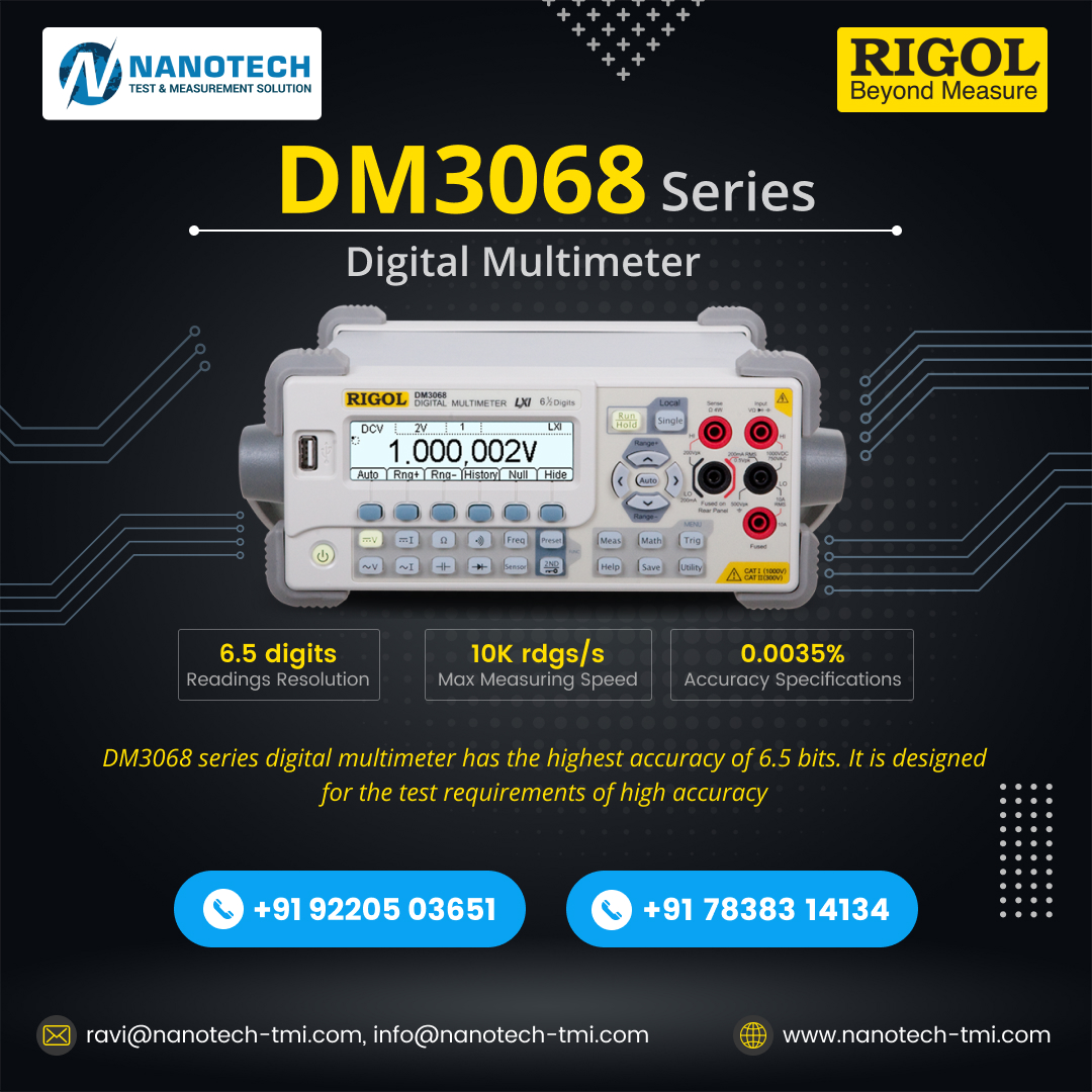 NanotechTest's tweet photo. Boost your testing precision with Rigol DM3068 Digital Multimeter 💡
🔸 6.5 digits | 10K rdgs/s | 0.0035% accuracy
Perfect for labs &amp; R&amp;D professionals.
📞 +91 92205 03651
🌐 https://t.co/R0DEkBtf8v
#Rigol #Multimeter #TestEquipment #ElectronicsTesting #NanotechTMI #DM3068 https://t.co/PwUBRpSi90