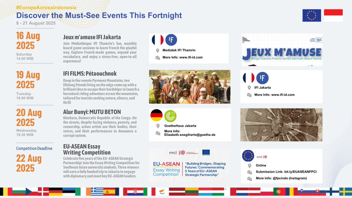 August vibes meet 80 years of independence 🇪🇺🇮🇩🎉. From essay comps and public talks to bold films, experimental music, language clubs, and rice-fuelled art, #EuropeAcrossIndonesia celebrates courage, culture, and connection. Come on then, let’s get stuck in 🎬🎶✍️🍚✨
