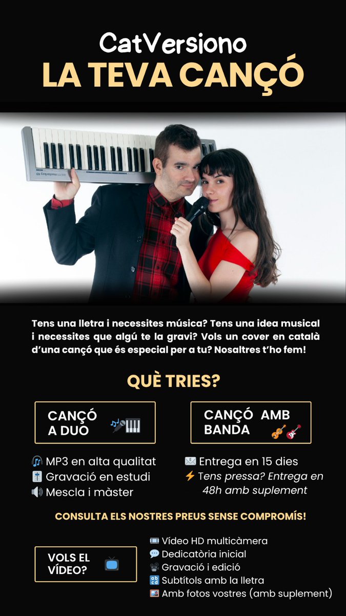🎵 Vols una CANÇÓ PERSONALITZADA? 🎤

A #CatVersiono te la fem a mida: en format duet o amb banda completa... i si vols amb VÍDEO PERSONALITZAT inclòs! 😍

Una sorpresa única per regalar (o autoregalar-se 👀).
Consulta preus sense cap compromís!

📩 Escriu-nos per DM
