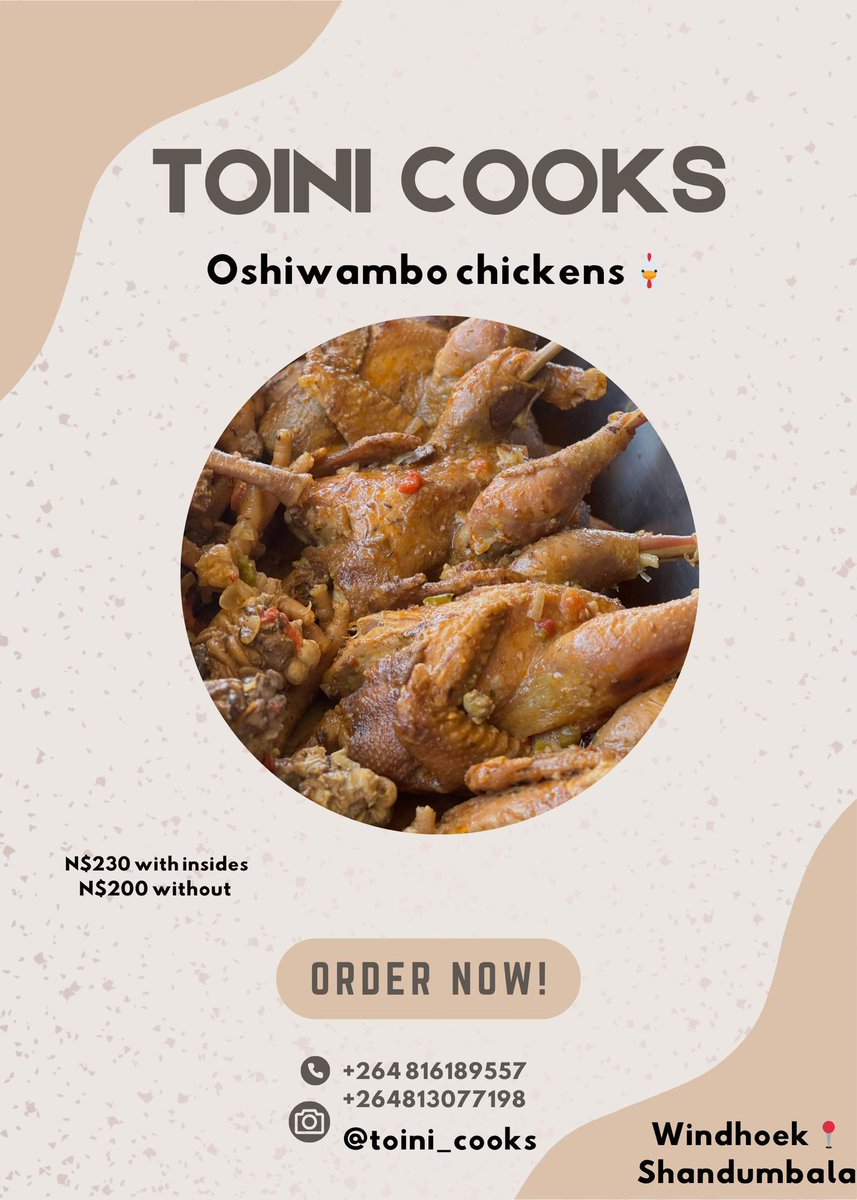Hi guy.  I sell whole chicken for N$ 230.00 with the insides. I also have half chicken with pap and spinach for N$ 150.00.
Looking forward to your support.